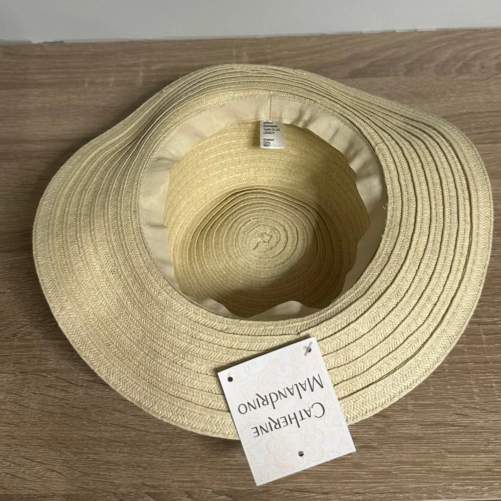 Catherine Malandrino Straw Sun Hat Womens‎ OS Beige White Bow Wide Brim Feminine